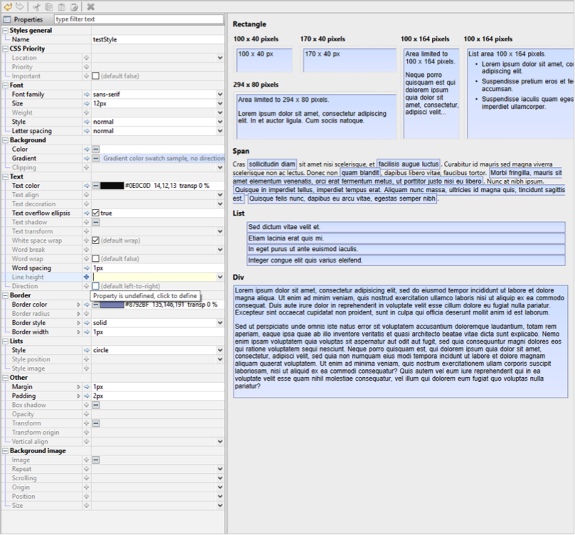 The styles editor with instant presentation of the CSS styles
