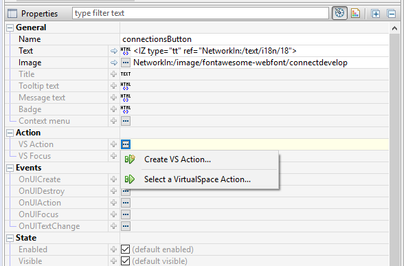 Creating a vsAction on a UI component through the component’s properties view