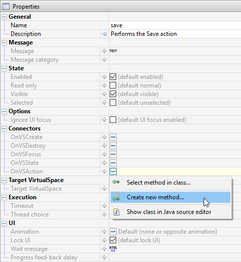 Create or assign a Java method to a vsAction in the properties view of the VirtualSpace editor